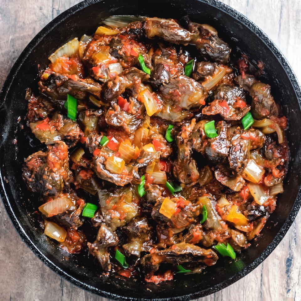 A black bowl holds saucy braised beef chunks with tomatoes, onions, peppers, and green onions.