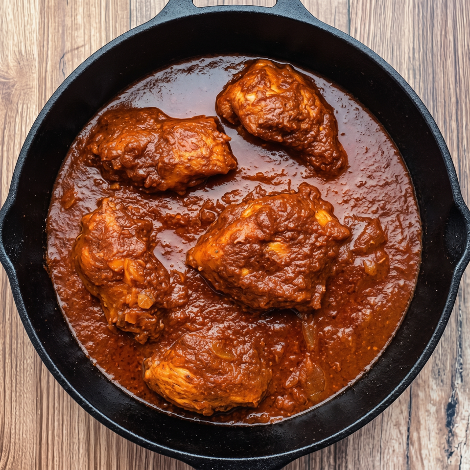 Six pieces of chicken simmer in a rich reddish-brown sauce in a black cast-iron skillet on a wooden table.