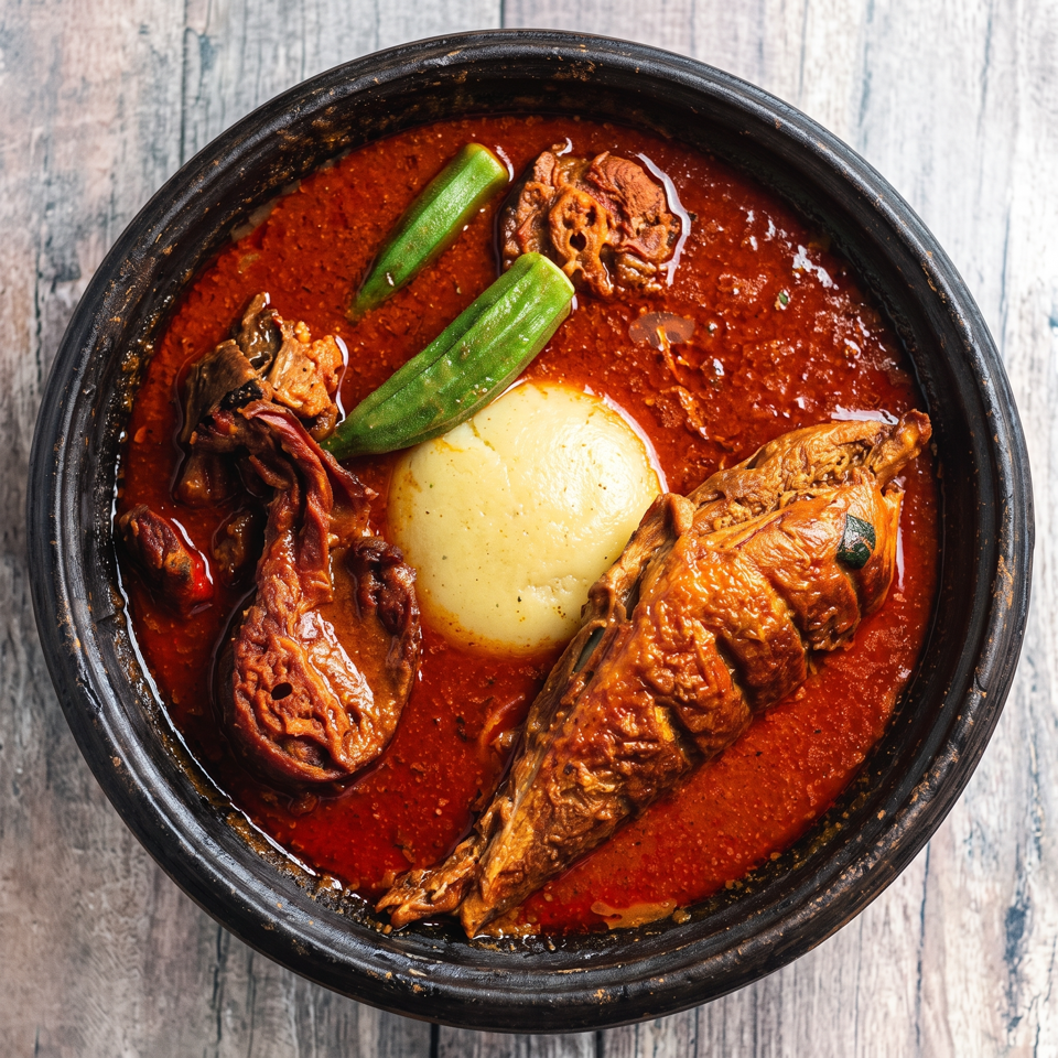 Bowl of spicy red fish stew with whole fish pieces, a boiled egg, and green peppers on a rustic wooden table.