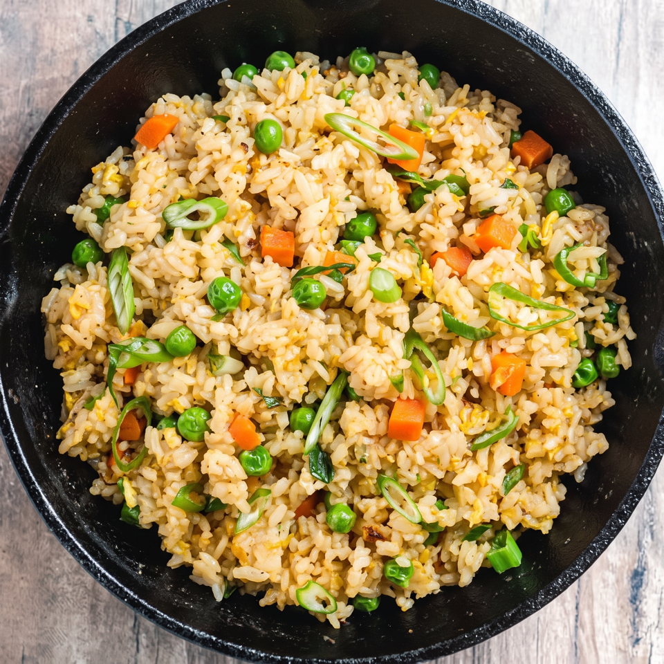 Overhead view of vegetable fried rice with peas, carrots, scrambled egg, and sliced green onions in a black bowl.