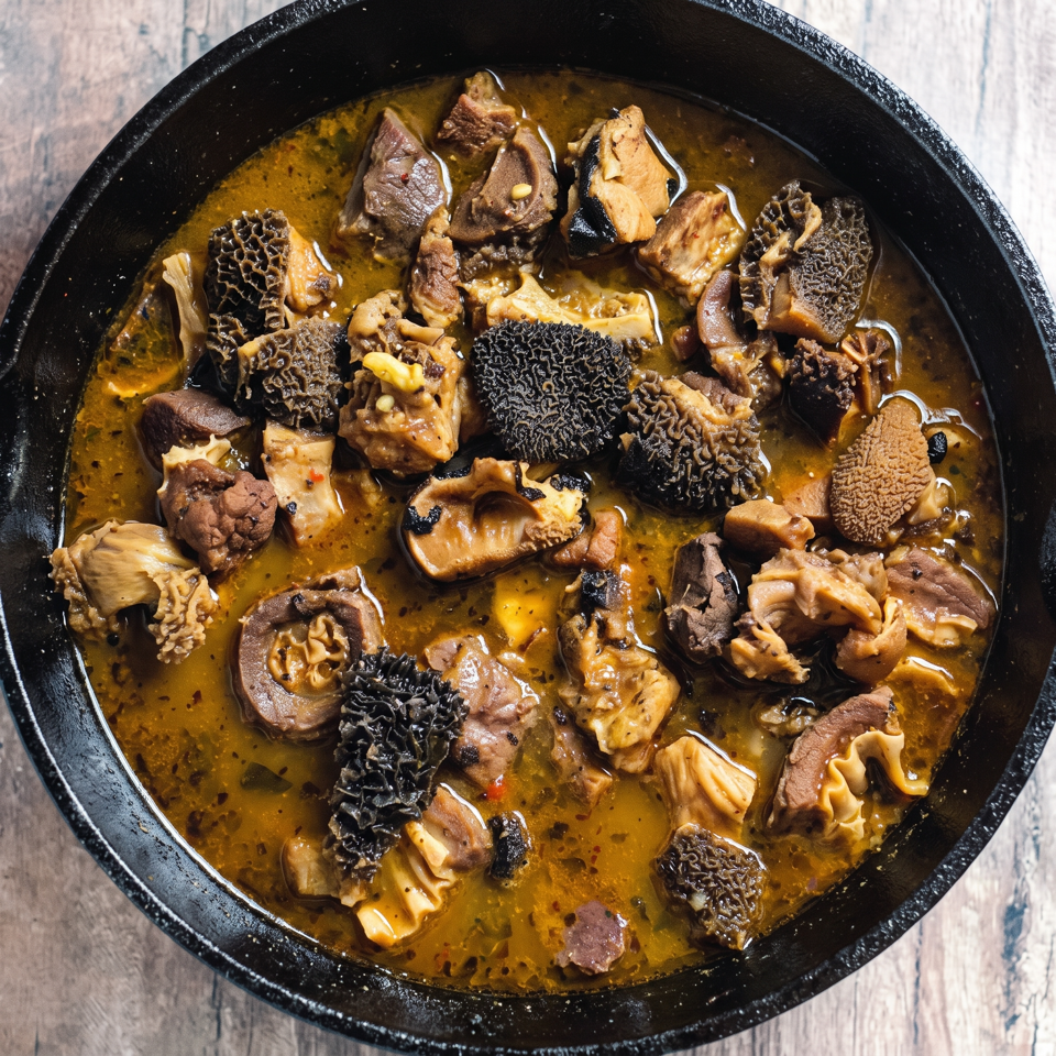 Overhead view of assorted meat and honeycomb tripe simmering in a golden, herb-speckled sauce inside a black bowl.