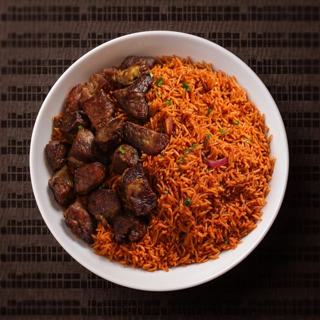 Nigerian Jollof Rice with Meat.