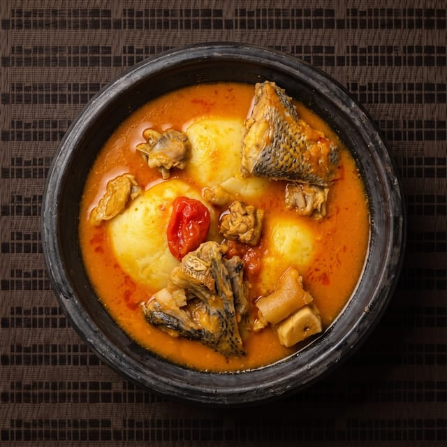 Plantain Fufu with Chicken Light Soup.